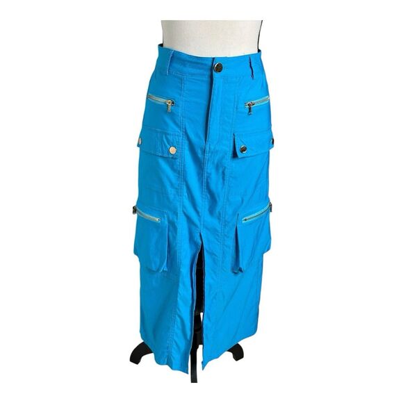 Womens Stretch Open Front Zip Pockets‎ Midi Maxi Straight Blue Skirt Size Small - Picture 1 of 14
